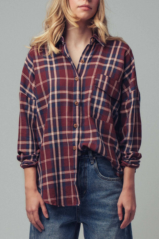 Classic Plaid Cotton Flannel Boyfriend Shirt: BURGUNDY MULTI