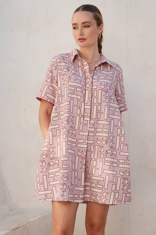 ABSTRACT PATTERN MINI SHIRT DRESS: Mauve
