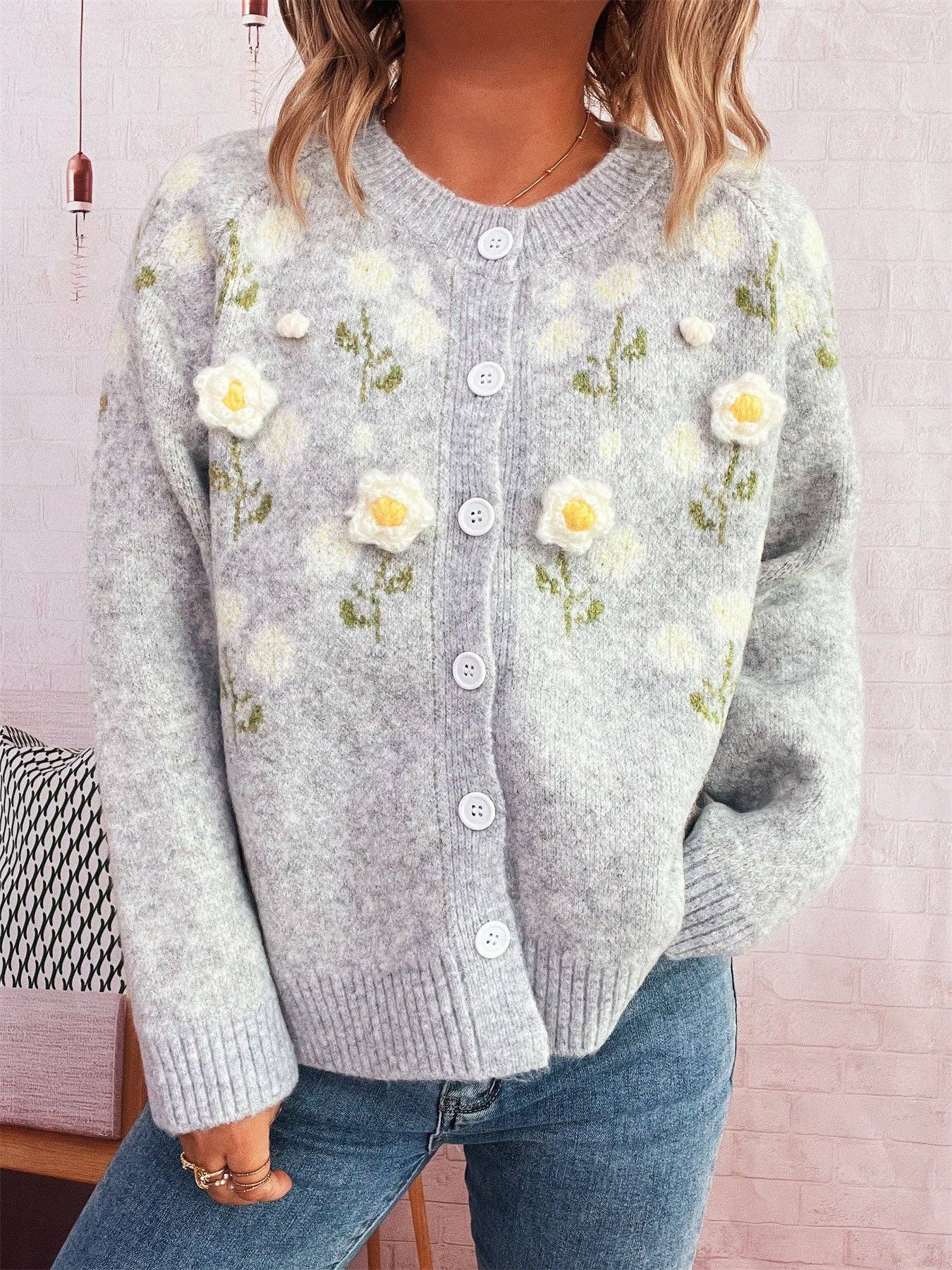 Women's Floral Embroidered 3D Flower Sweater Cardigan: Light gray