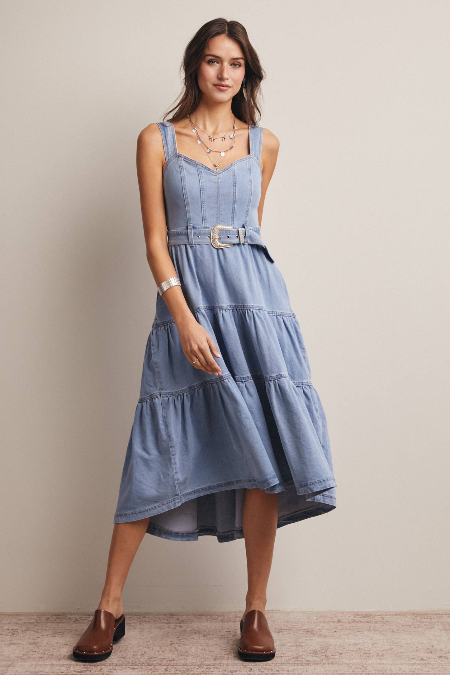 Tiered Denim Maxi Dress: Cloud Wash