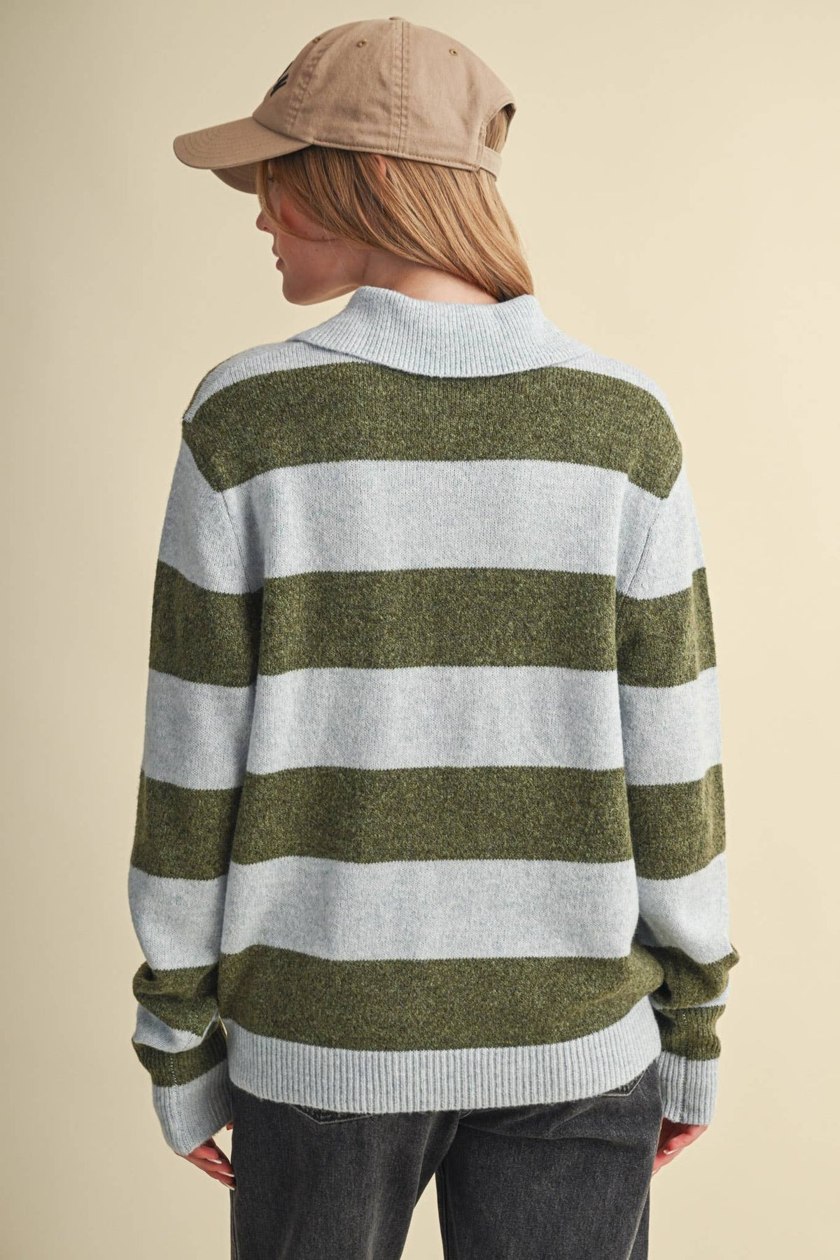 STRIPED SWEATER CARDIGAN: POWDER BLUE OLIVE