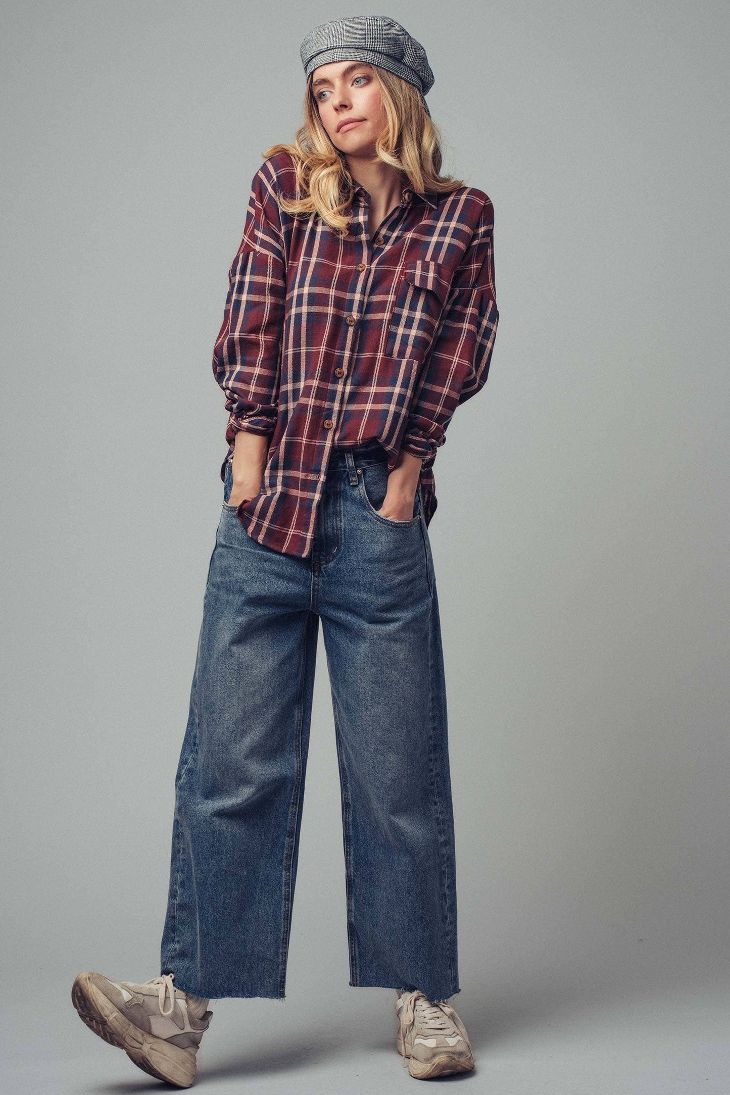 Classic Plaid Cotton Flannel Boyfriend Shirt: BURGUNDY MULTI