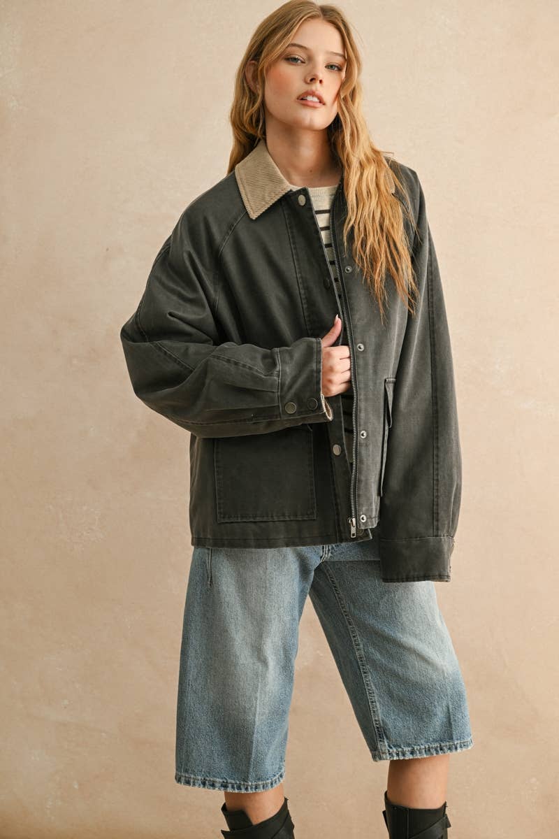 COLLAR UTILITY COAT JACKET : CHARCOAL