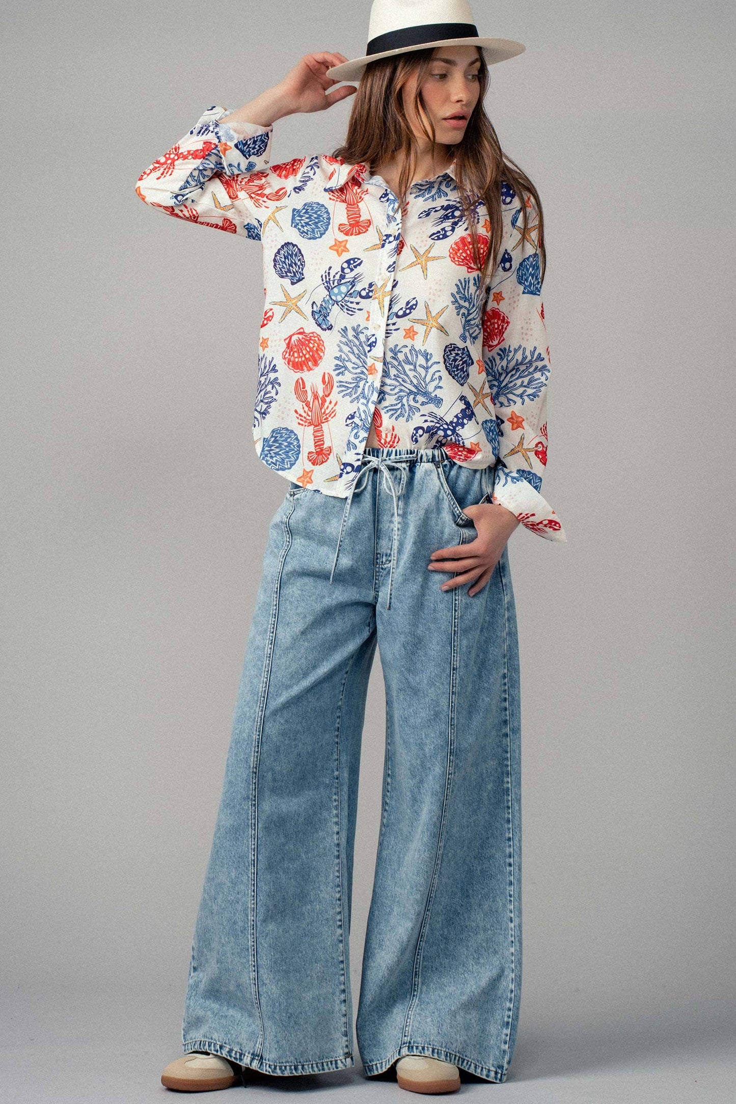 Relaxed Wide Leg Drawstring Western Pants: DK DENIM