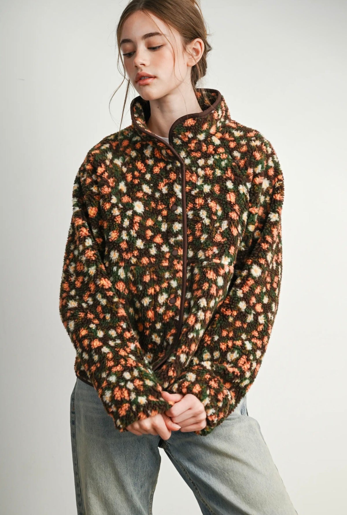 Floral Sherpa Fleece Snap Jacket