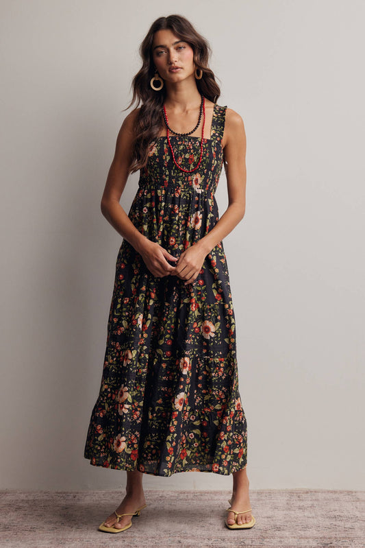 Floral Smocked Tiered Midi Dress: Black