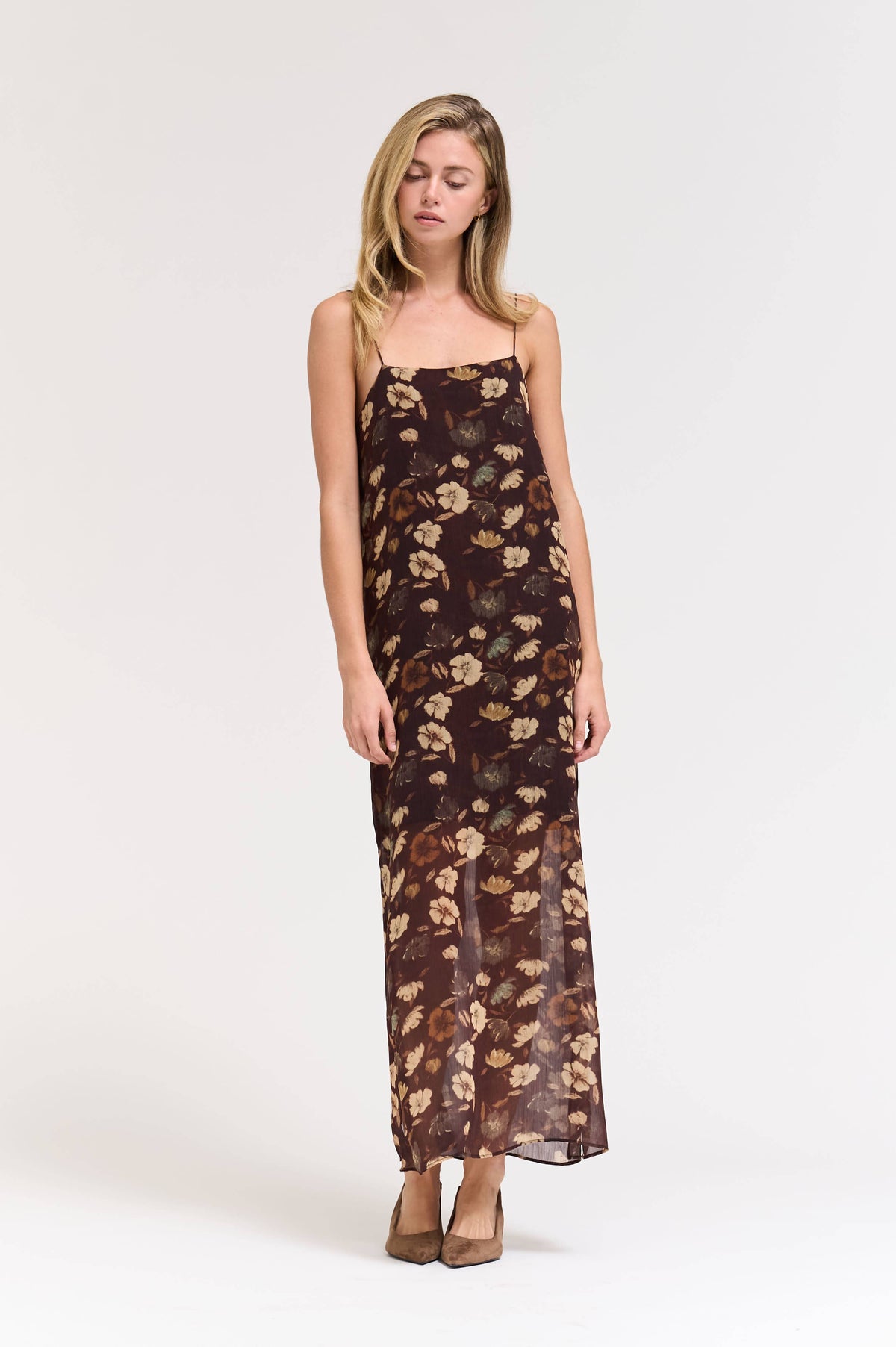 SPAGHETTI STRAP MAXI DRESS: CHOCOLATE