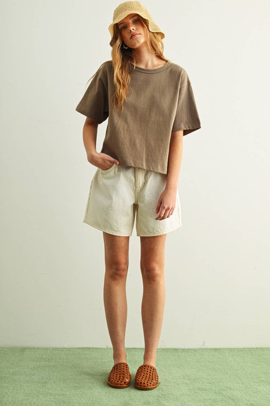 SHORT SLEEVE LINEN KNITTED TOP: Olive Brown