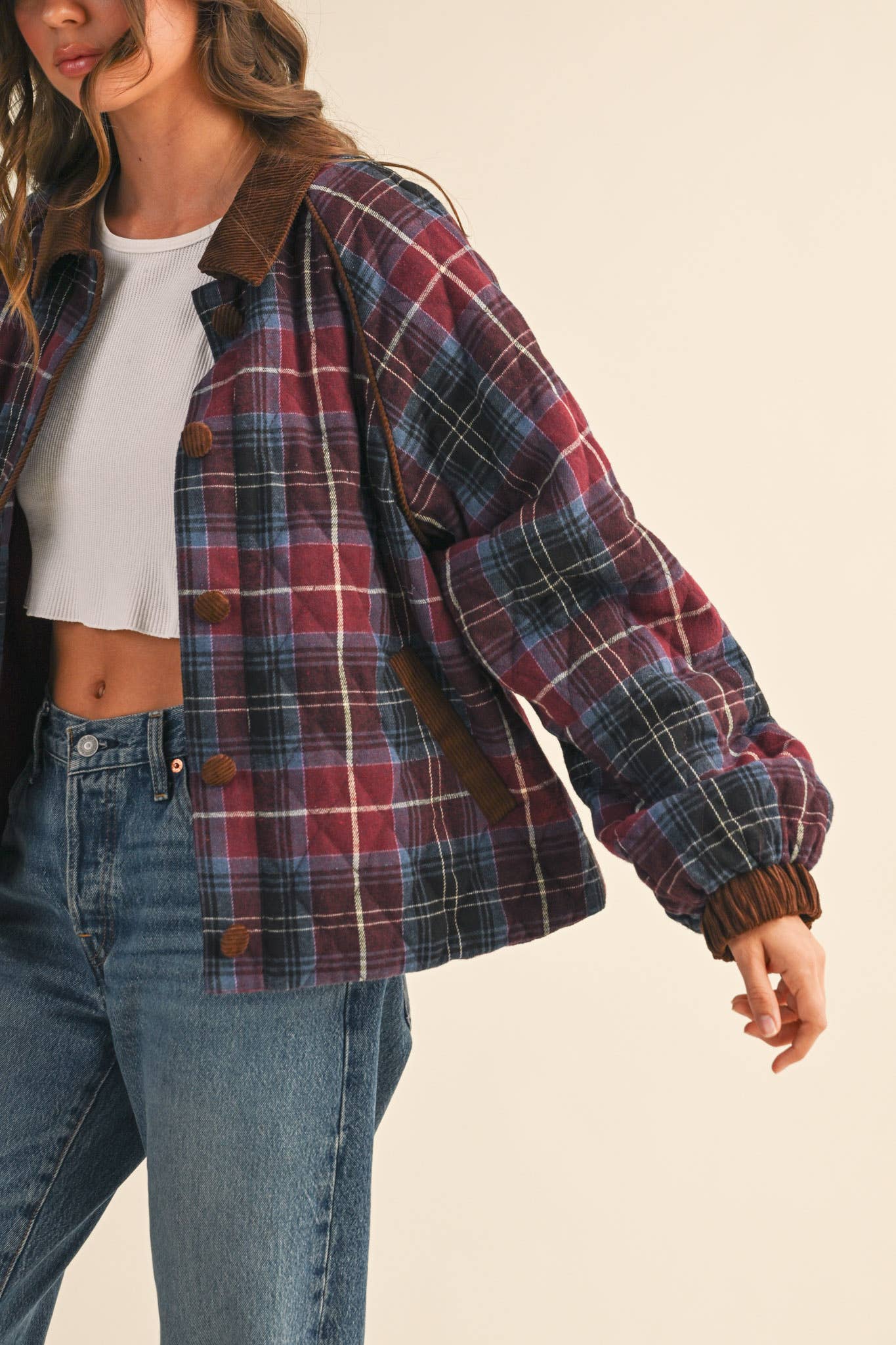 PLAID QUILTED JACKET WITH CONTRAST CORDUROY DETAIL: Mulberry Plaid