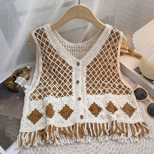 Crochet Hollow Out Knit Vest: BROWN / AVERAGE