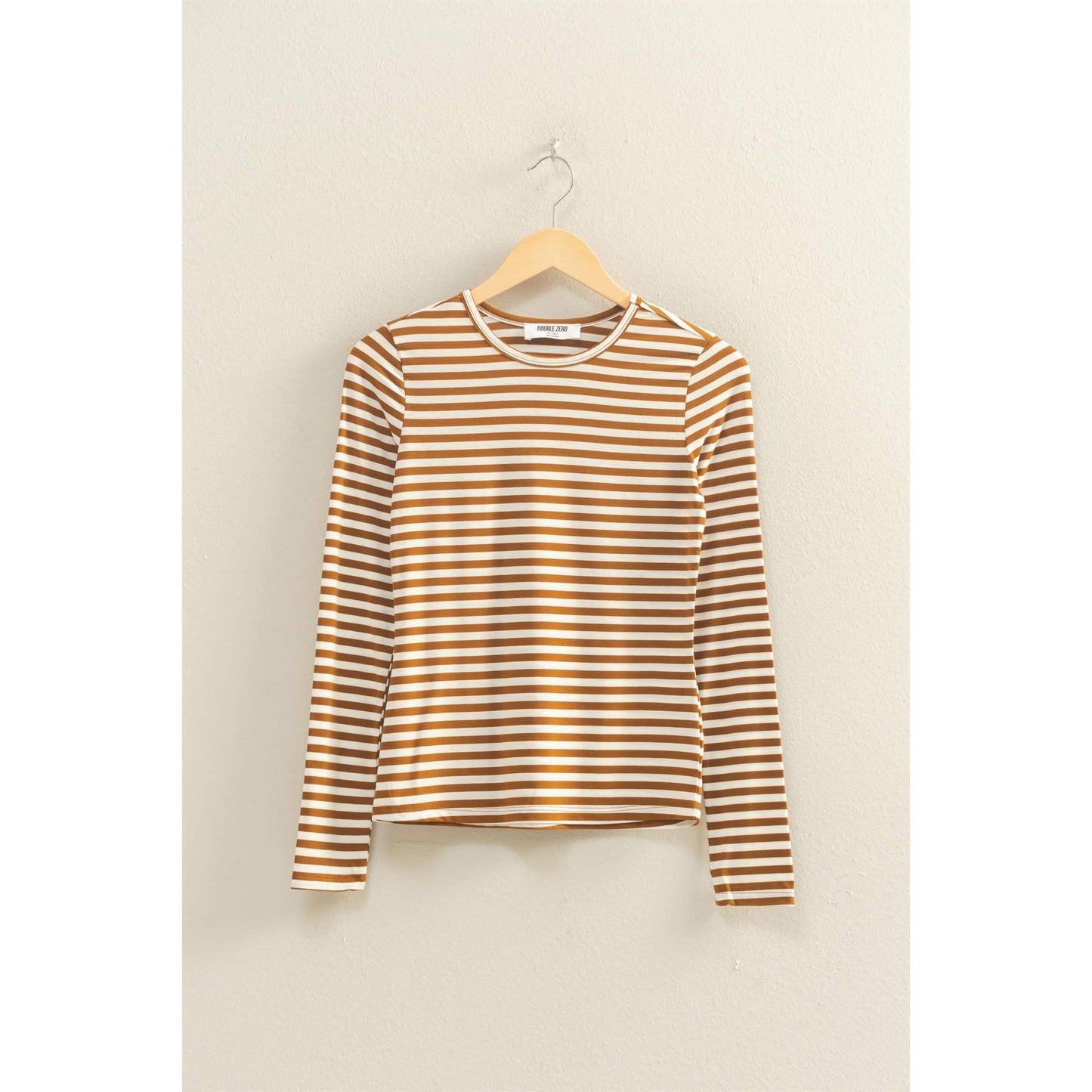 Striped Crew Neck Fitted Long Sleeve Top: BROWN/WHITE