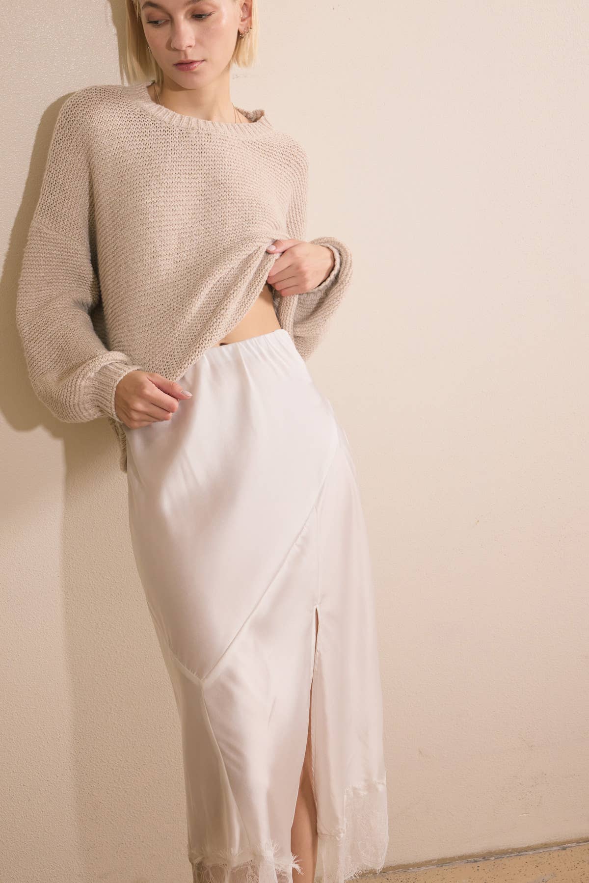 Lace Trim Satin effect Comfy Slit Midi Skirt: Pearl