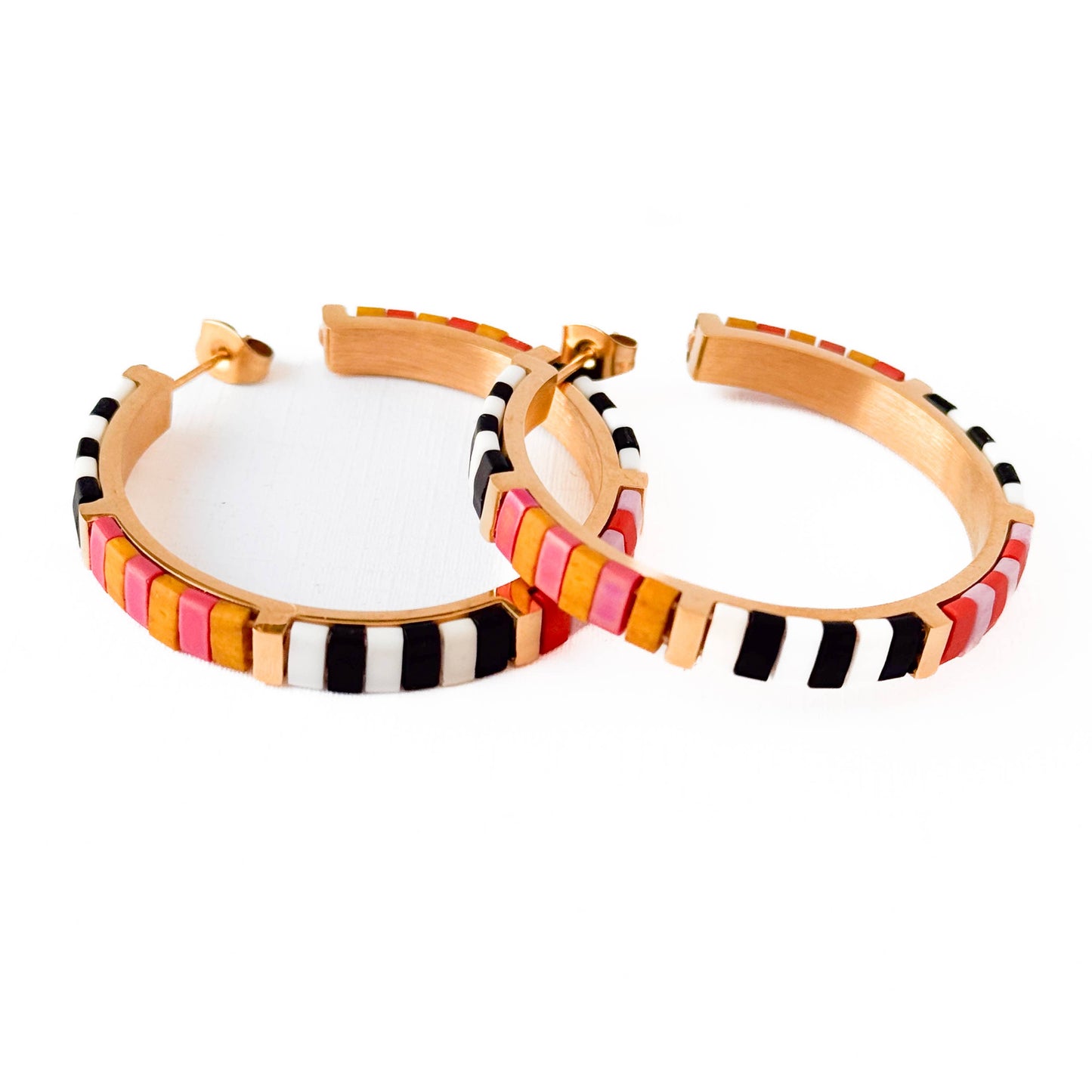 Big Bold Tila Bead Hoop Earrings Gold-Plated, Handmade- B+W