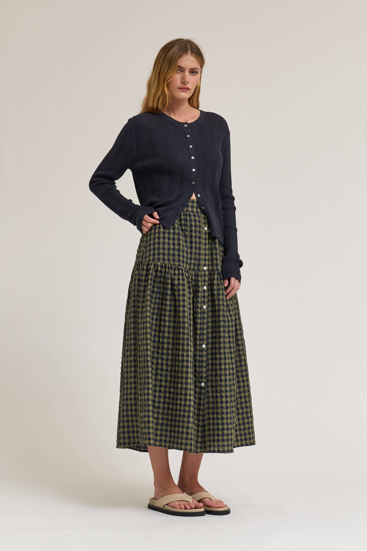FRONT BUTTON CHECK SKIRT: OLIVE