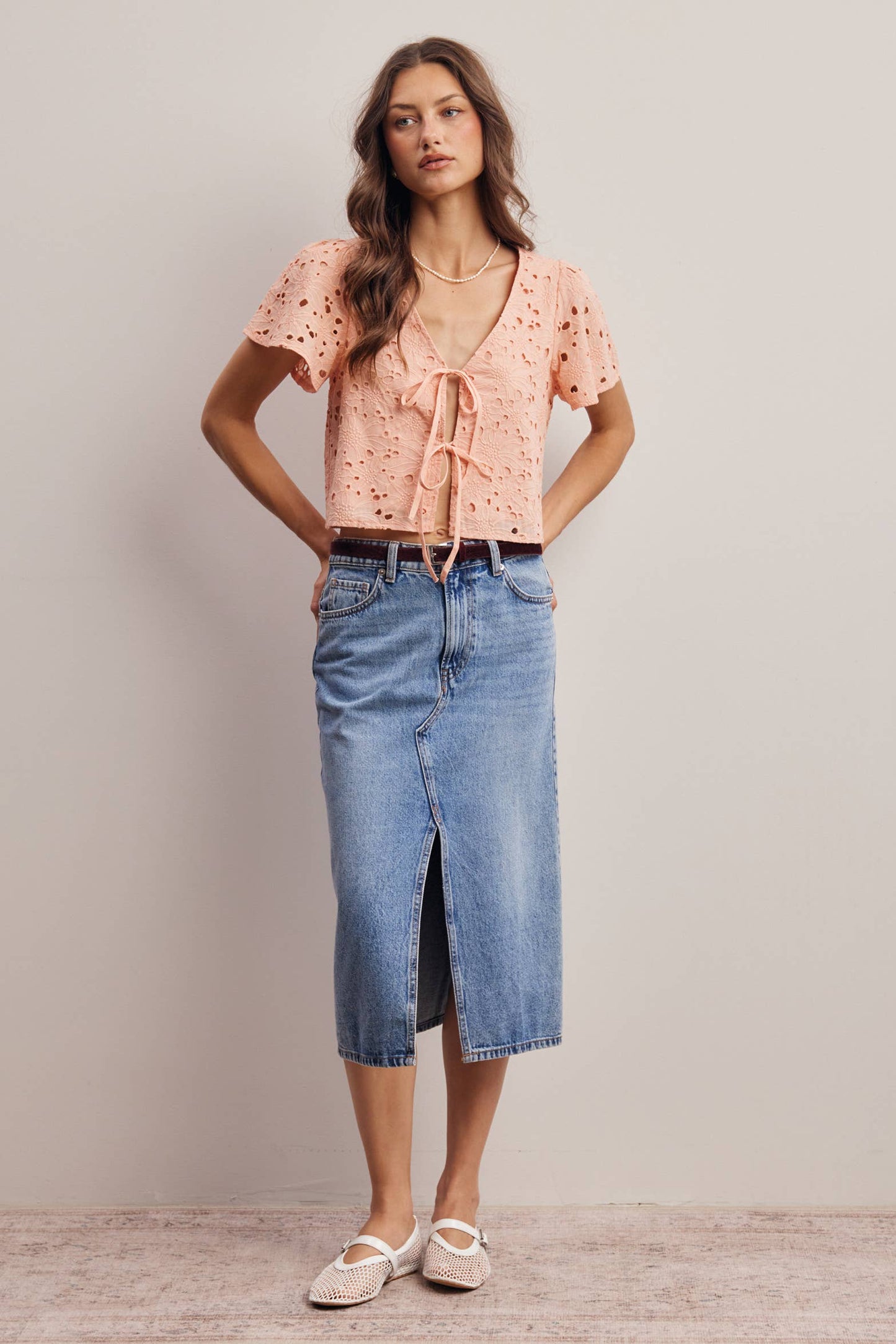 Eyelet Tie-Front Lined Cotton Top: Ivory