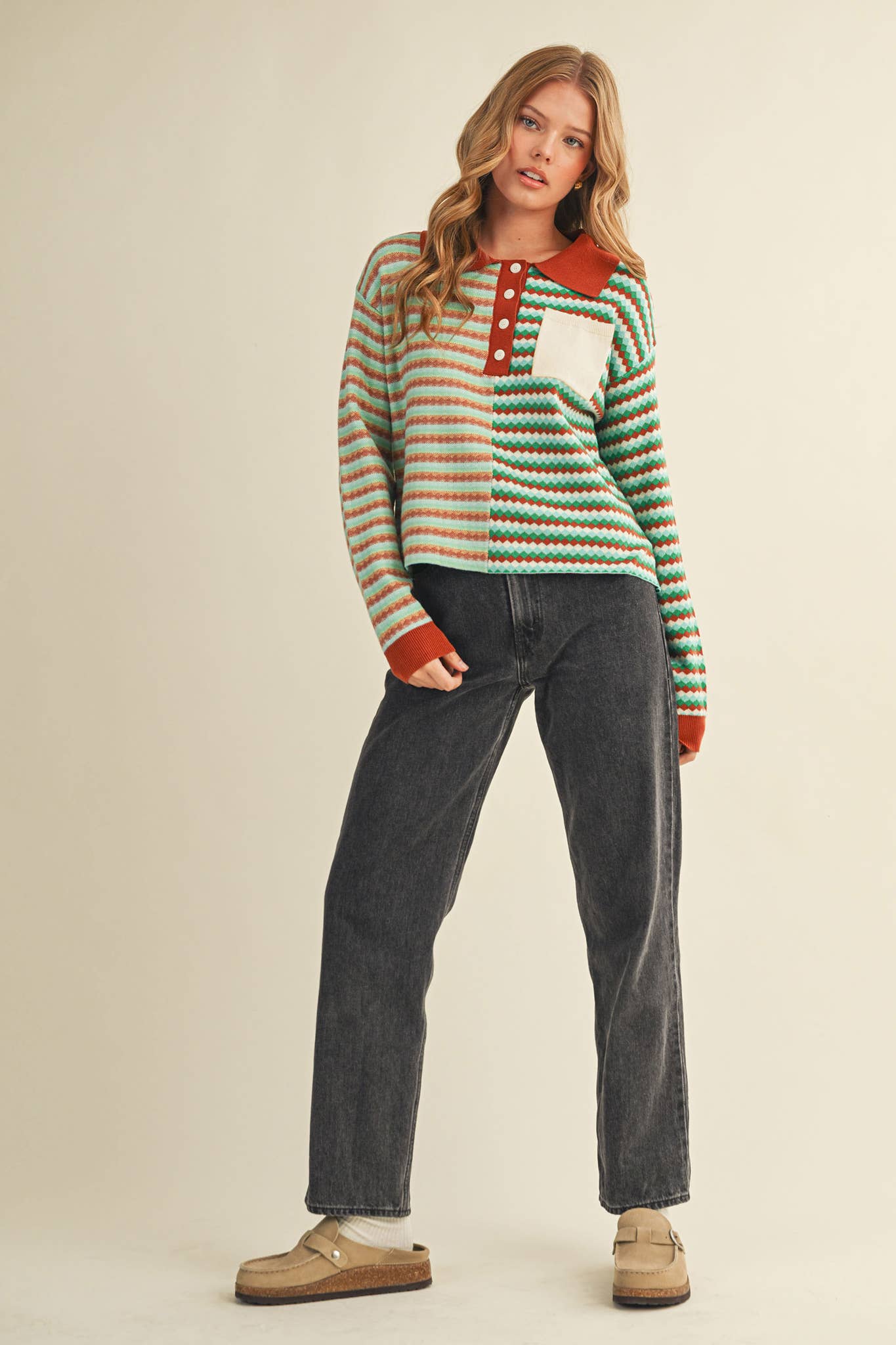 MULTI-COLOR STRIPED KNIT SWEATER: TEAL COPPER