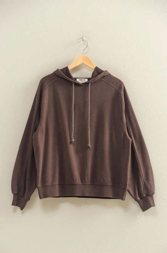 Mineral Washed Seam Detail Hoodie: DARK BROWN