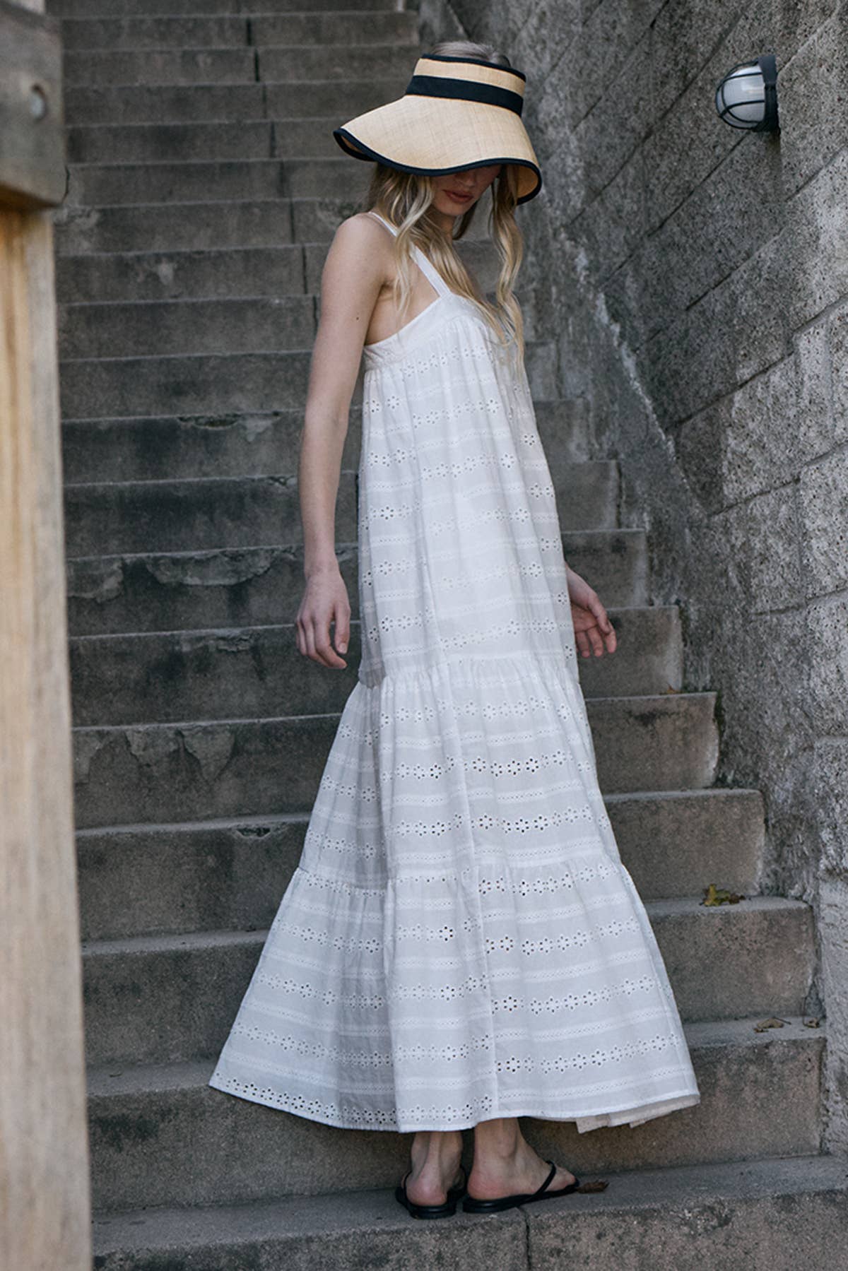 Eyelet Tiered Button Front Maxi Dress: WHITE