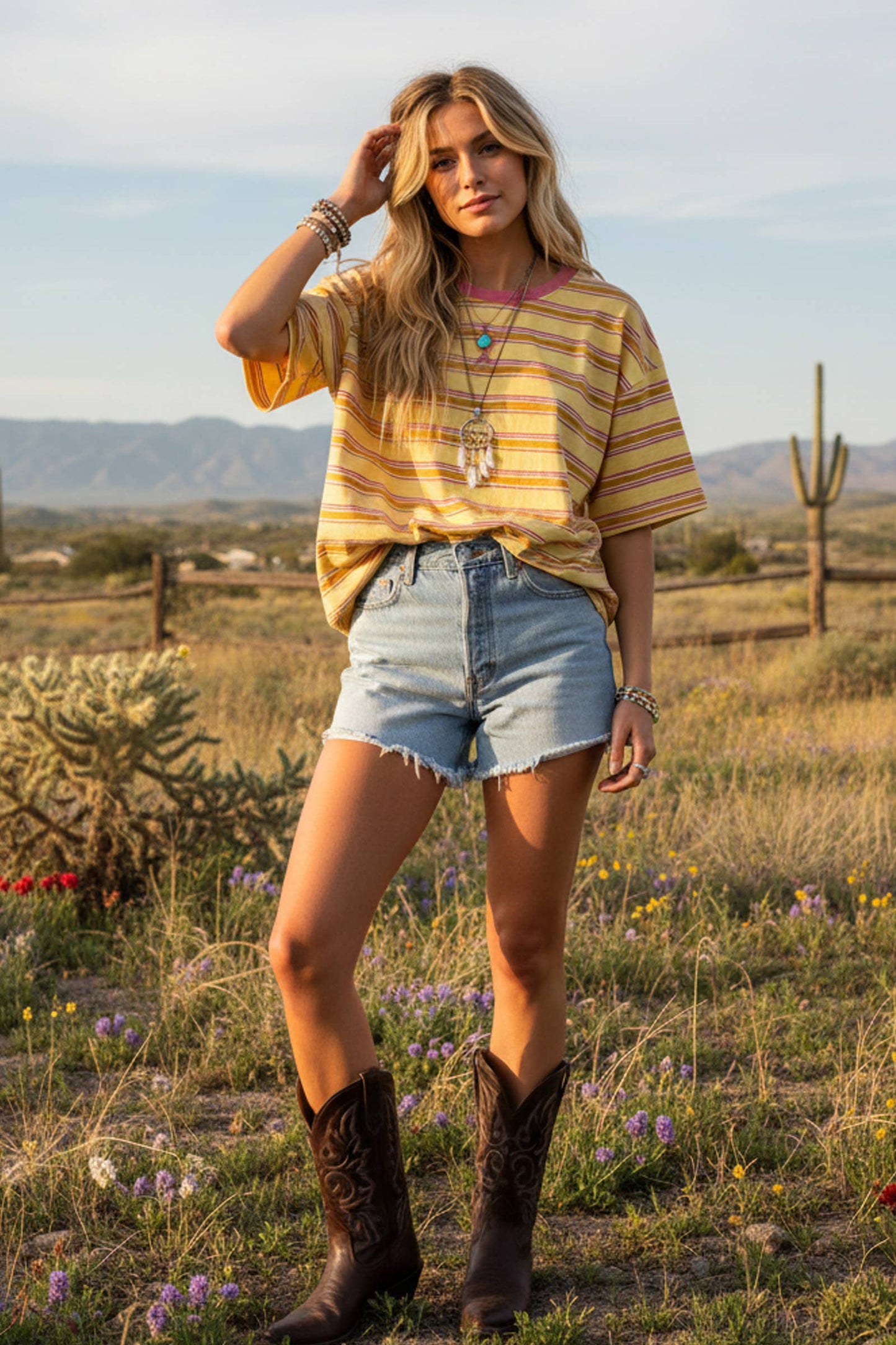 Striped Short Sleeve Relaxed Fit Knit Top: Yellow