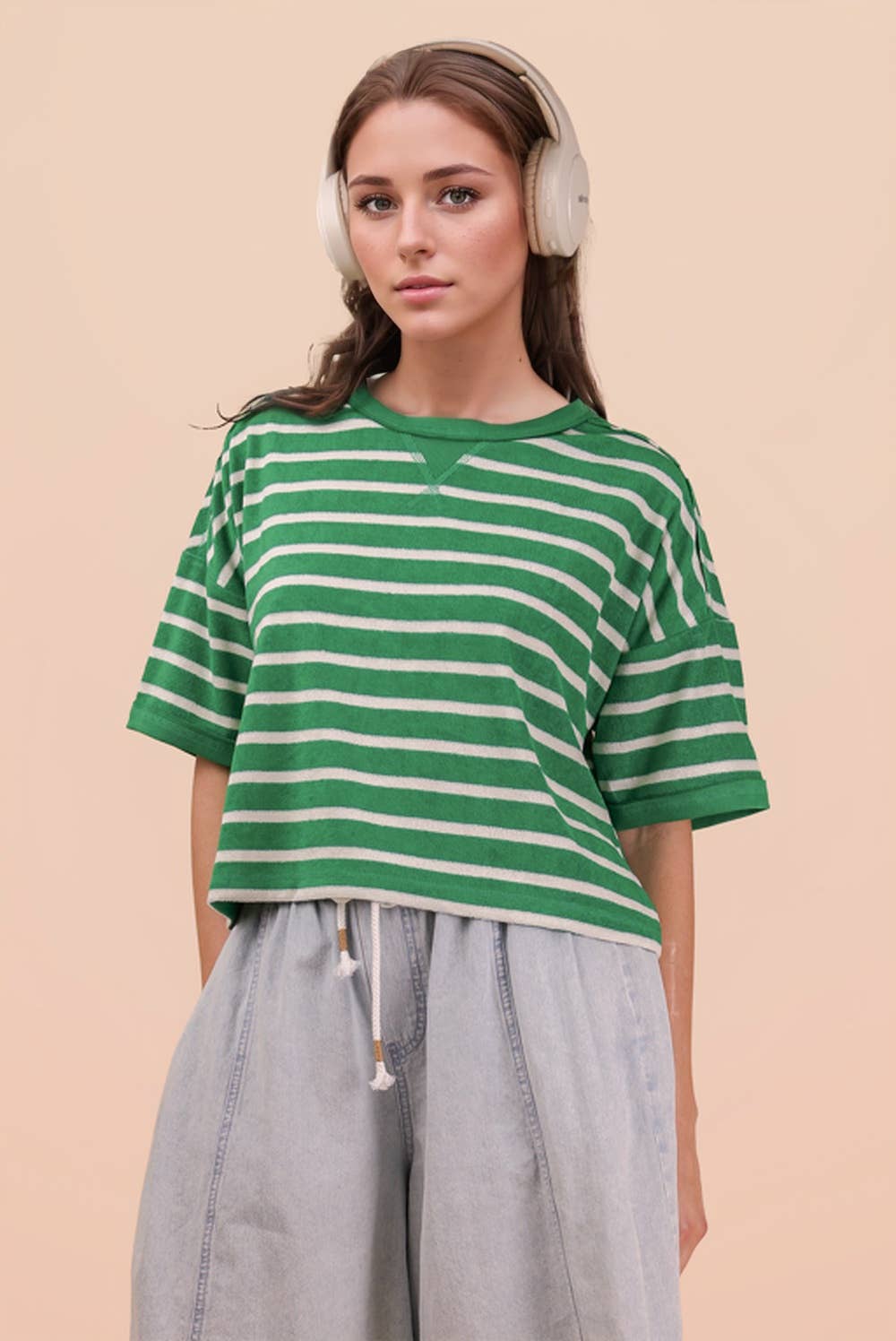 Oversized Stripe Terry Top: GREEN/OATMEAL