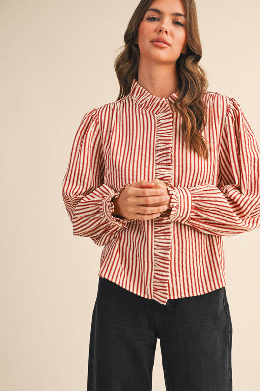 STRIPED RUFFLED BUTTON DOWN: Red Stripe