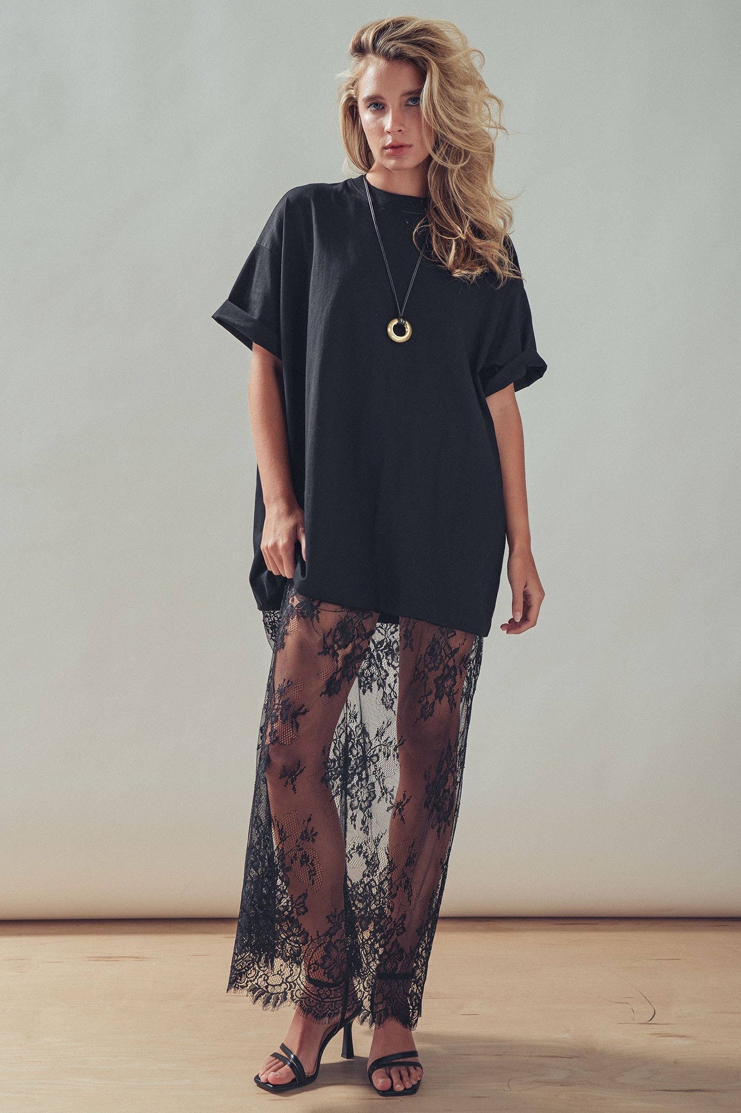Mixed-Media T-Shirt Dress with Sheer Lace Skirt: Black