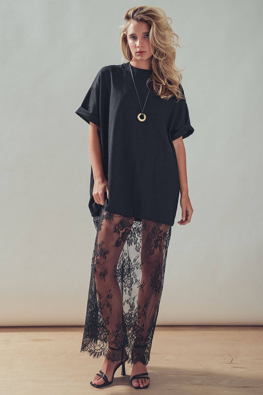 Mixed-Media T-Shirt Dress with Sheer Lace Skirt: Black