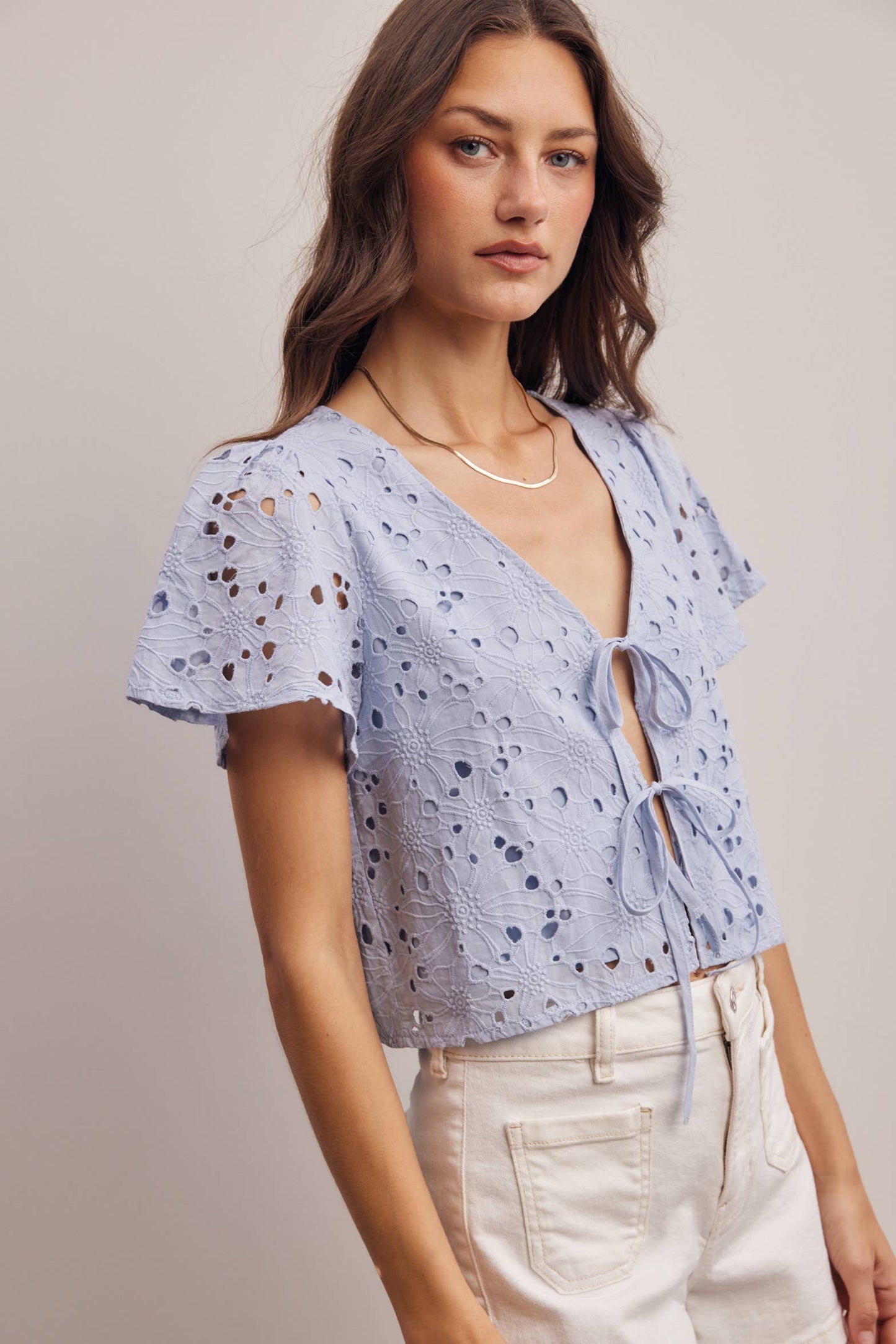 Eyelet Tie-Front Lined Cotton Top: Ivory