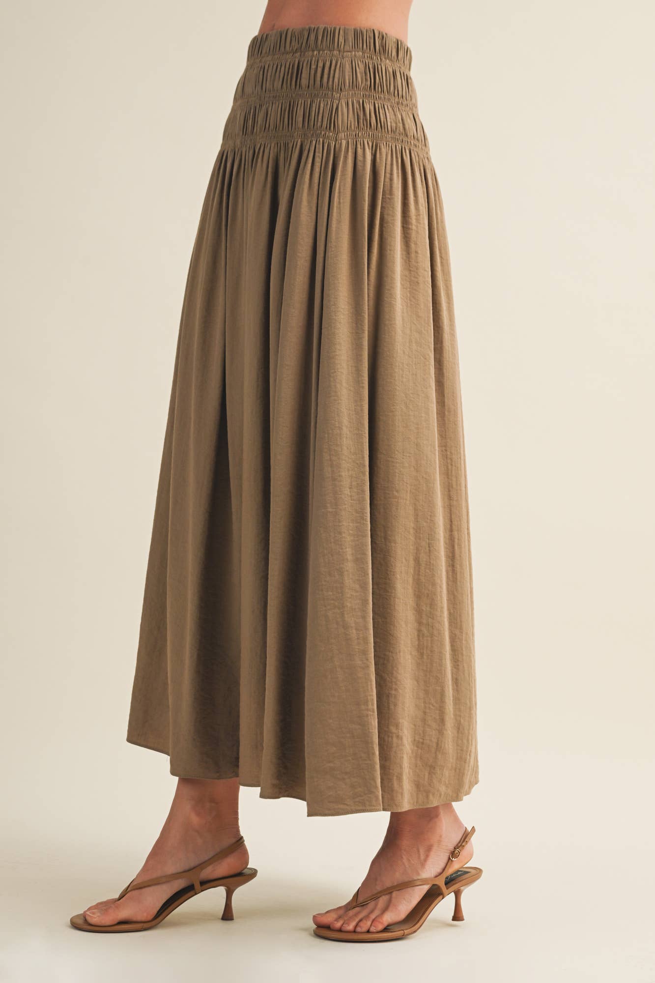Smocked Waistband A-Line Maxi Skirt and bubble top set: MOCHA