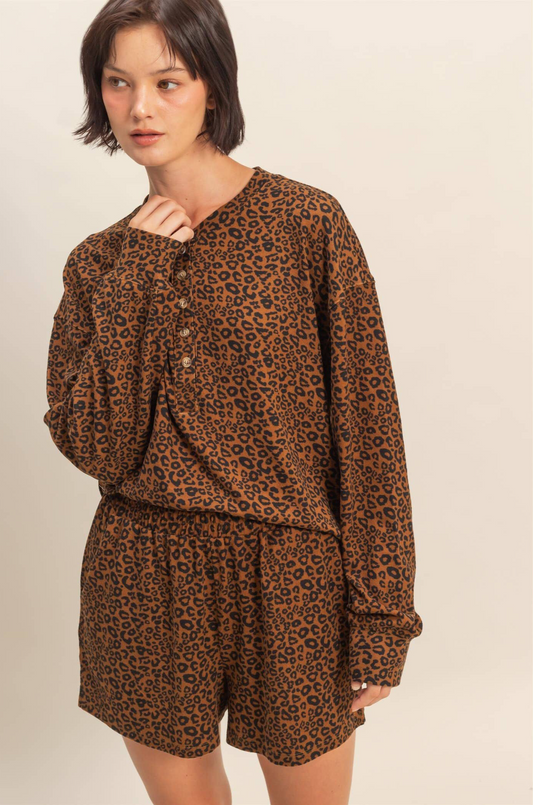 Leopard Print Henley Top & Shorts Set: BROWN