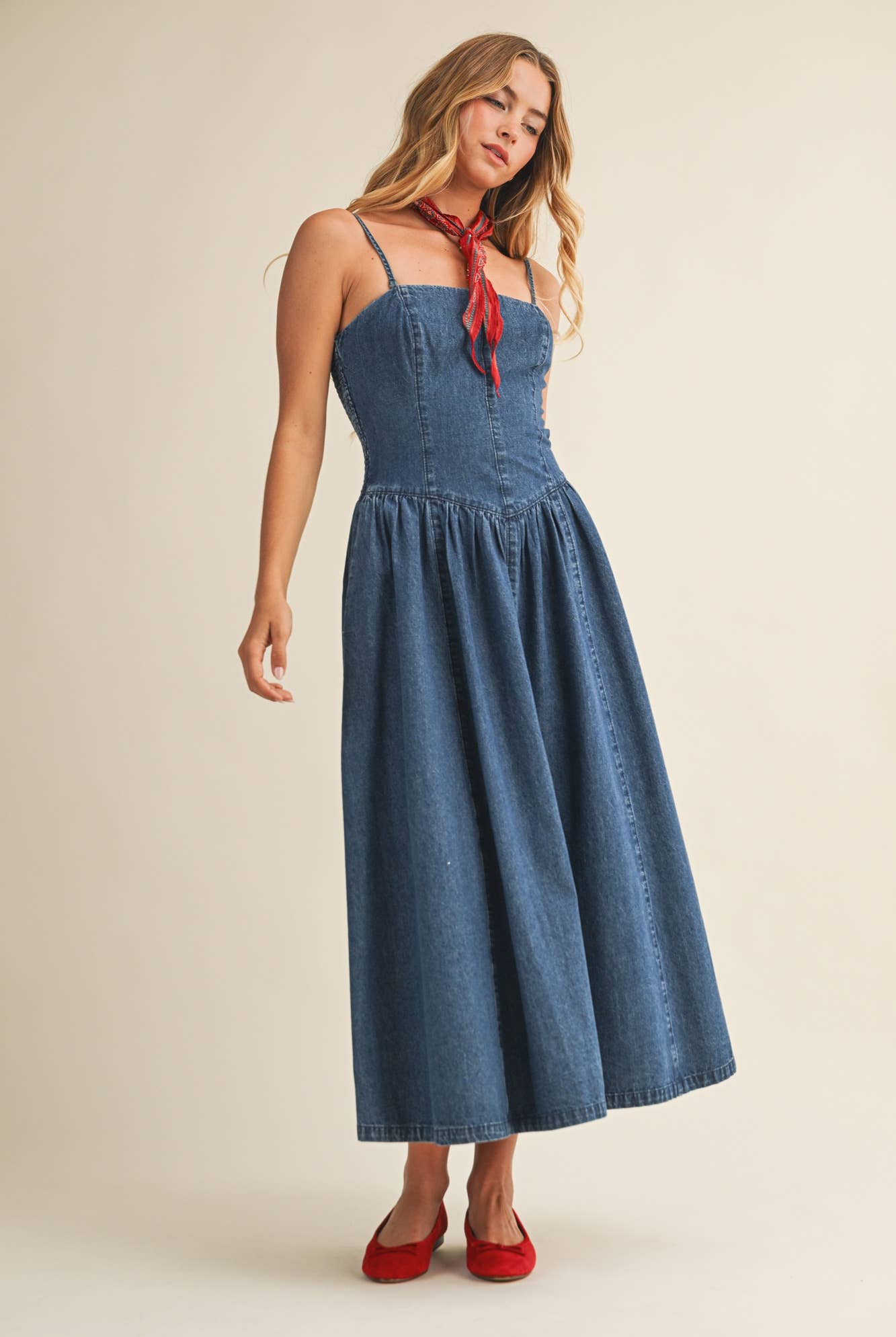 Seamed Bustier Full Skirt Denim Dress: WASHED DENIM