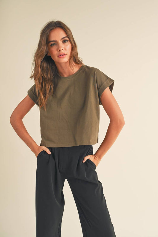 ROUND NECK CUFFED SLEEVE TOP: OLIVE GREY