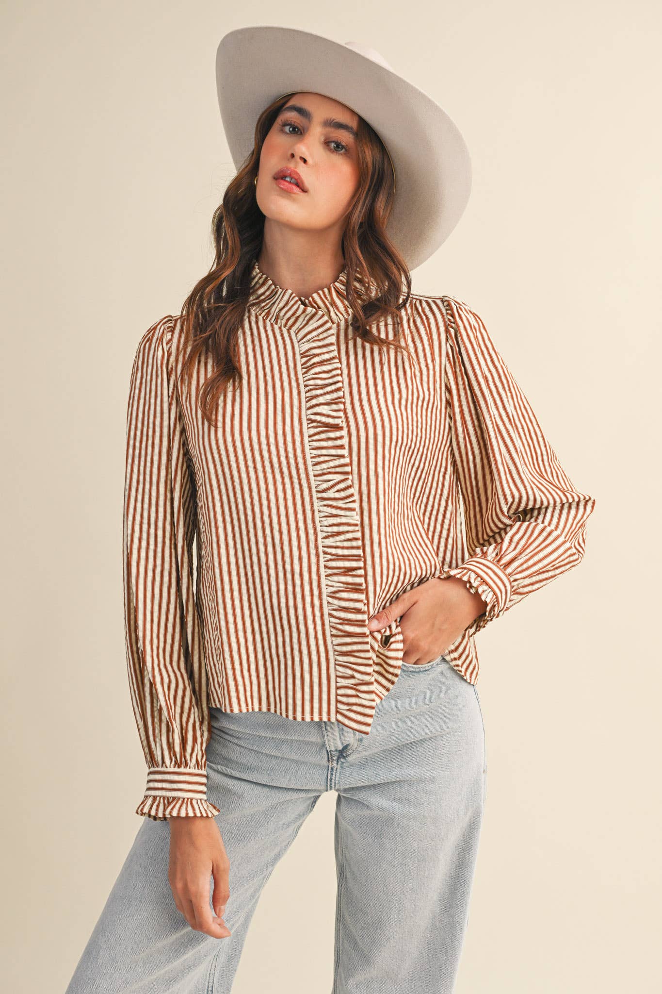 STRIPED RUFFLED BUTTON DOWN- brown