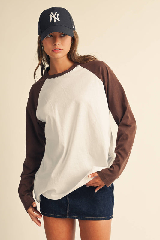Contrast Raglan Long Sleeve Baseball Tee: White Brown