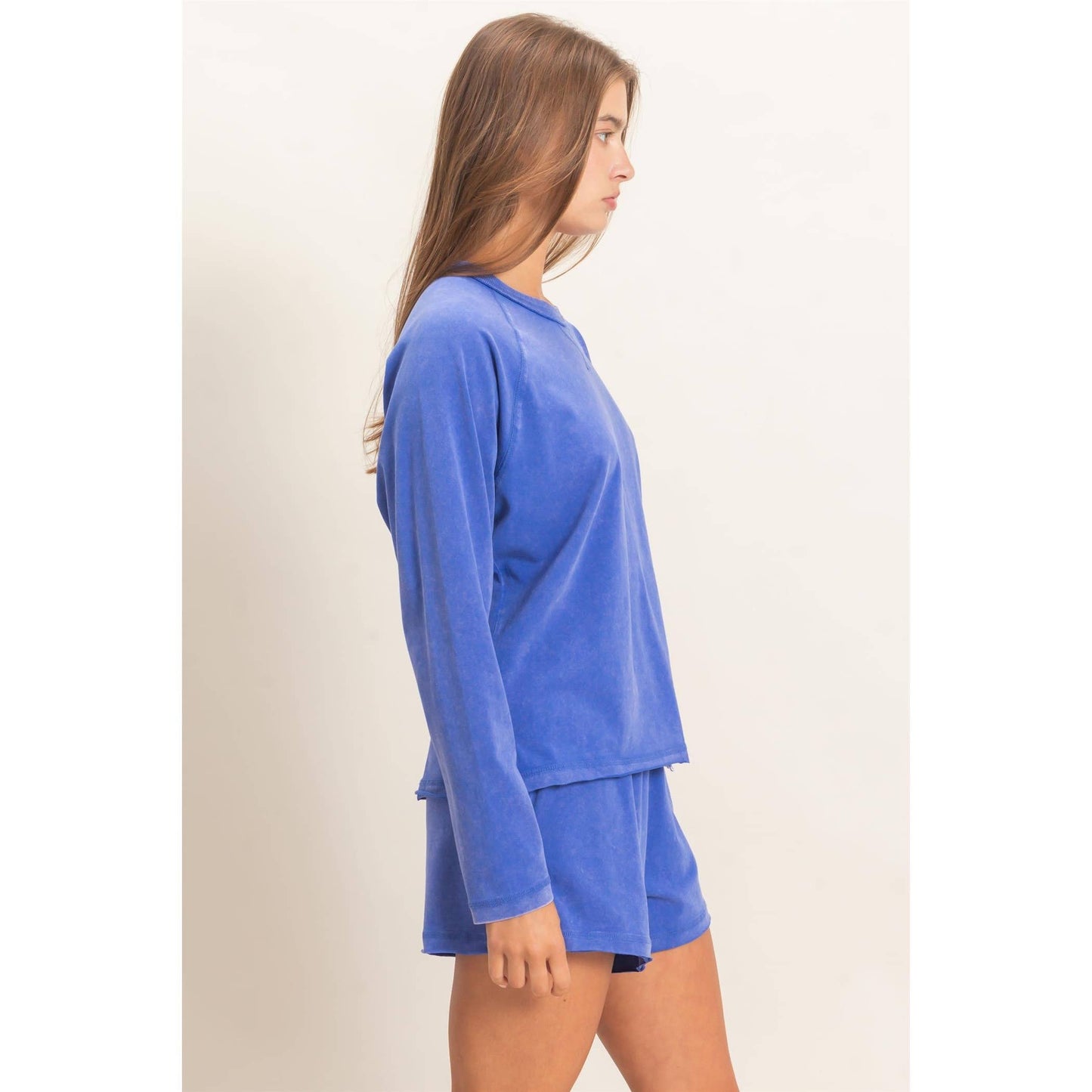 Mineral Wash Long Sleeve Raw Edge Top & Shorts Set: COBALT