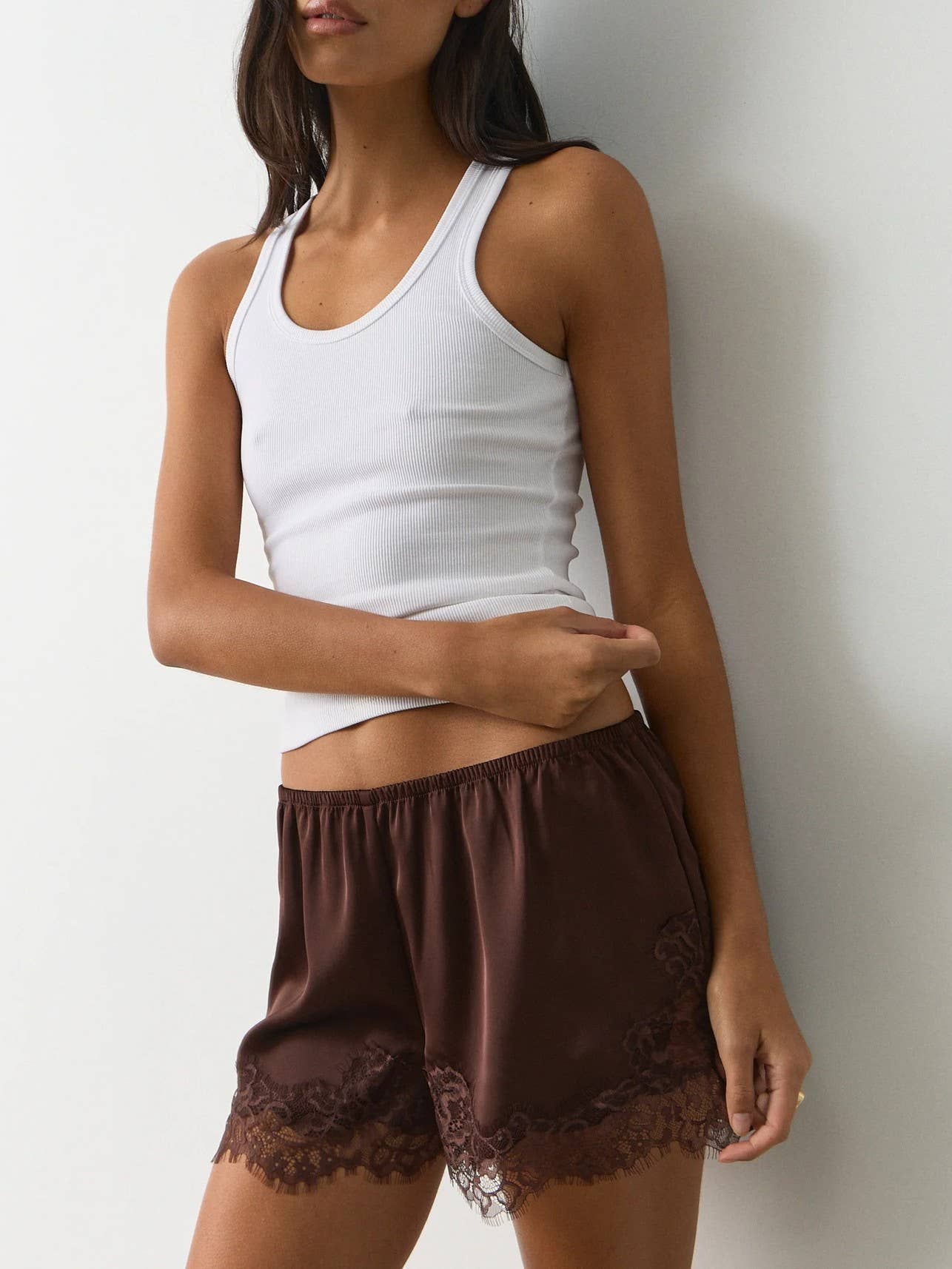 Silky Satin Lace Shorts: Coffee
