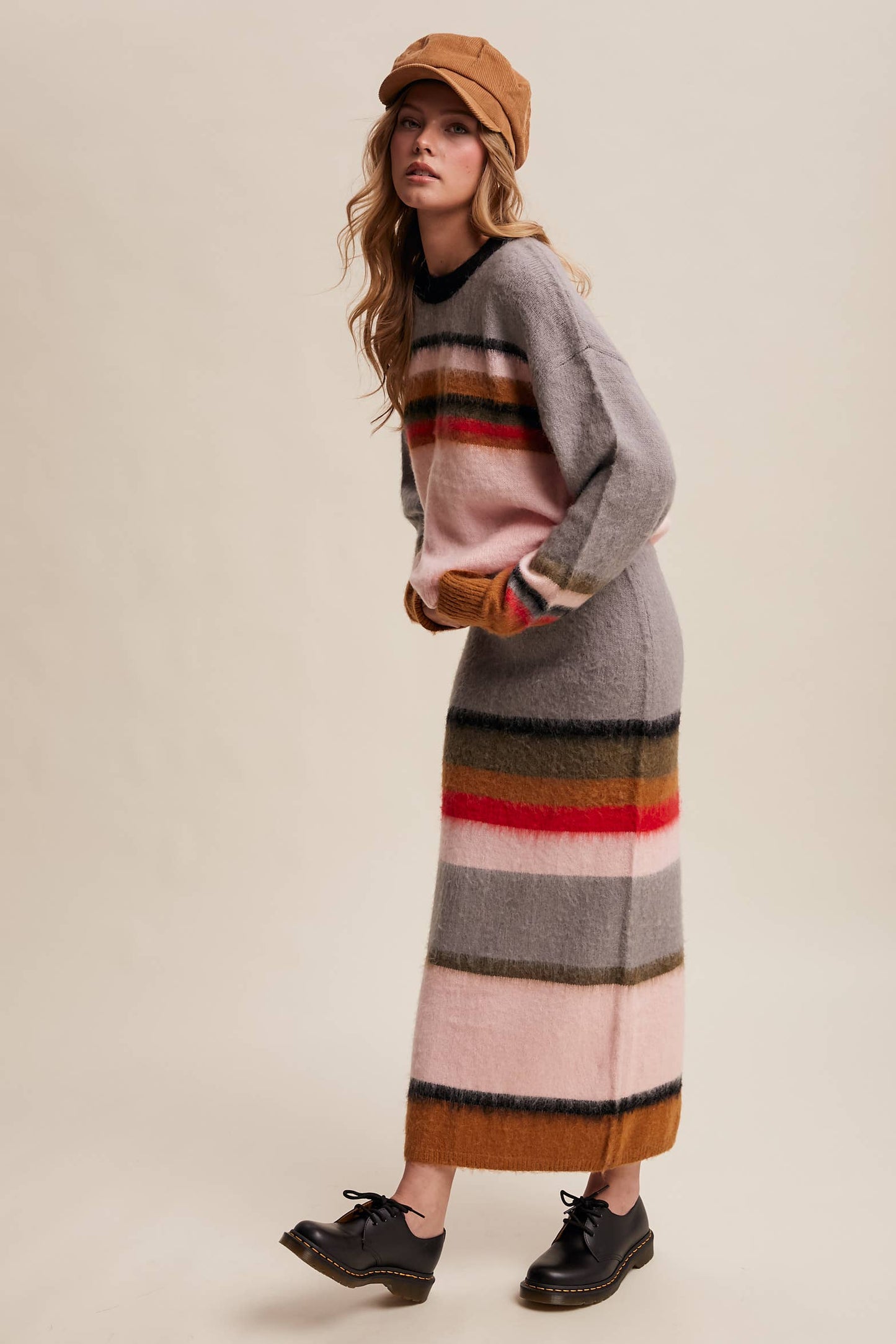 Striped Fuzzy Knit Sweater & Skirt: Light Pink Multi