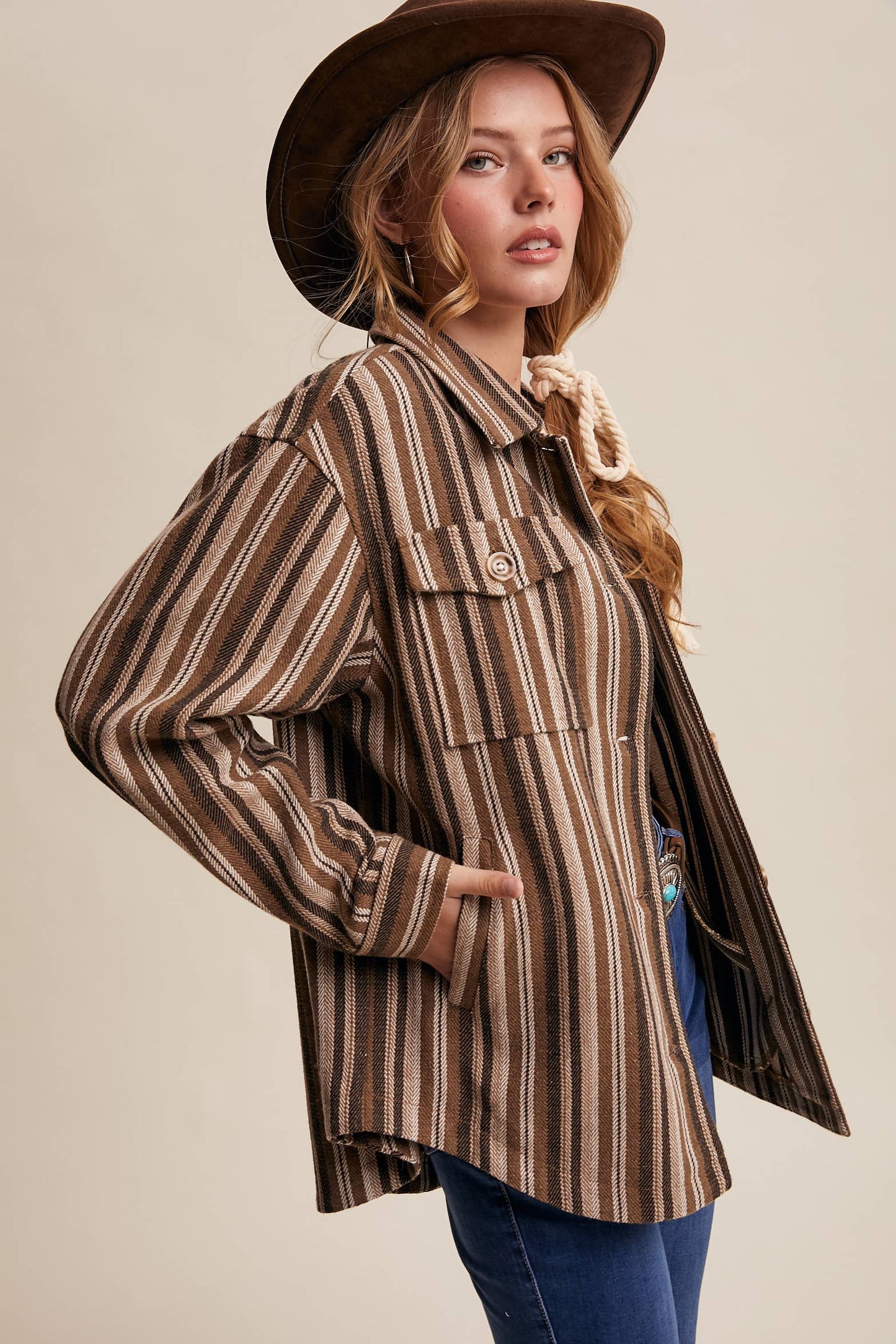 Western Stripe Button-Up Jacket: Mocha