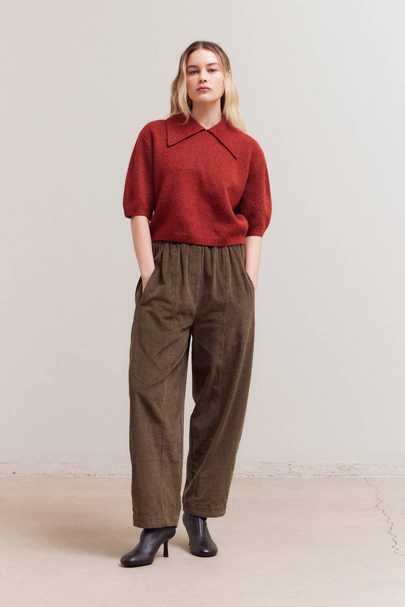 3/4 SHORT SLEEVE COLLAR NECK KNIT TOP: MAPLE