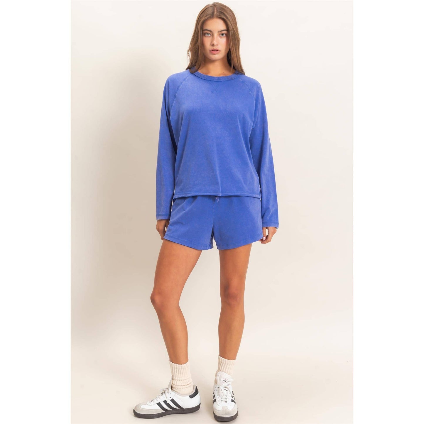 Mineral Wash Long Sleeve Raw Edge Top & Shorts Set: COBALT