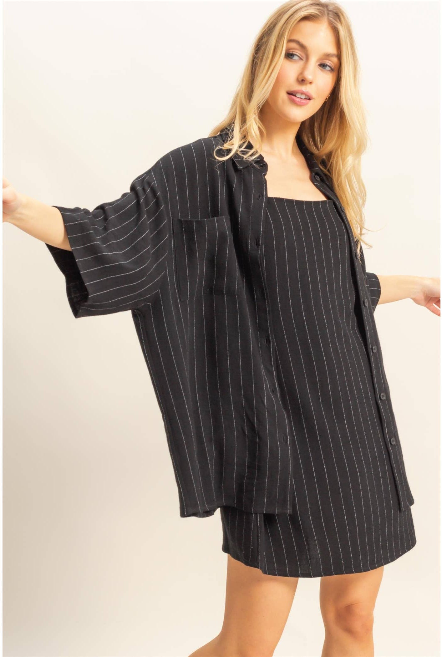Pin Stripe Button Up Top: BLACK
