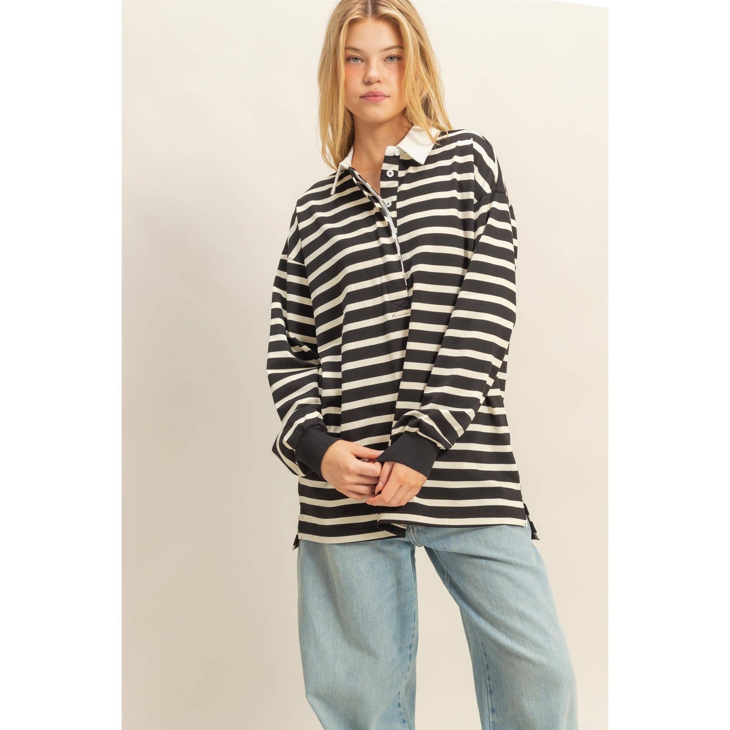 Classic Stripe Rugby Polo With Collar Shirt: BLACK/CREAM