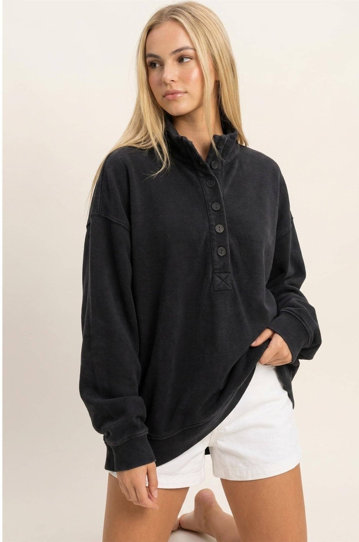 Mineral Wash Button Front Sweatshirt: BLACK