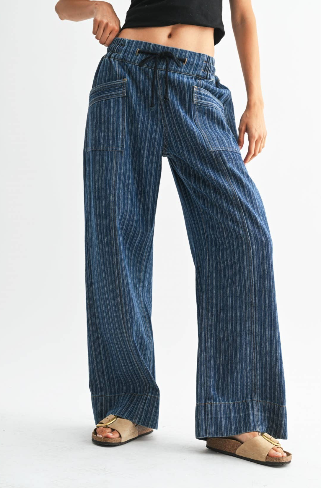 DENIM STRIPED RELAXED-FIT PANTS: DARK WASH