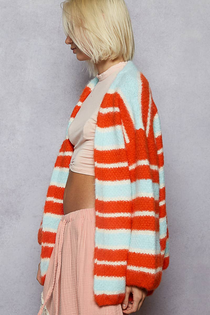 V-neck long sleeve stripe mohair sweater cardigan: SKY/ORANGE / M