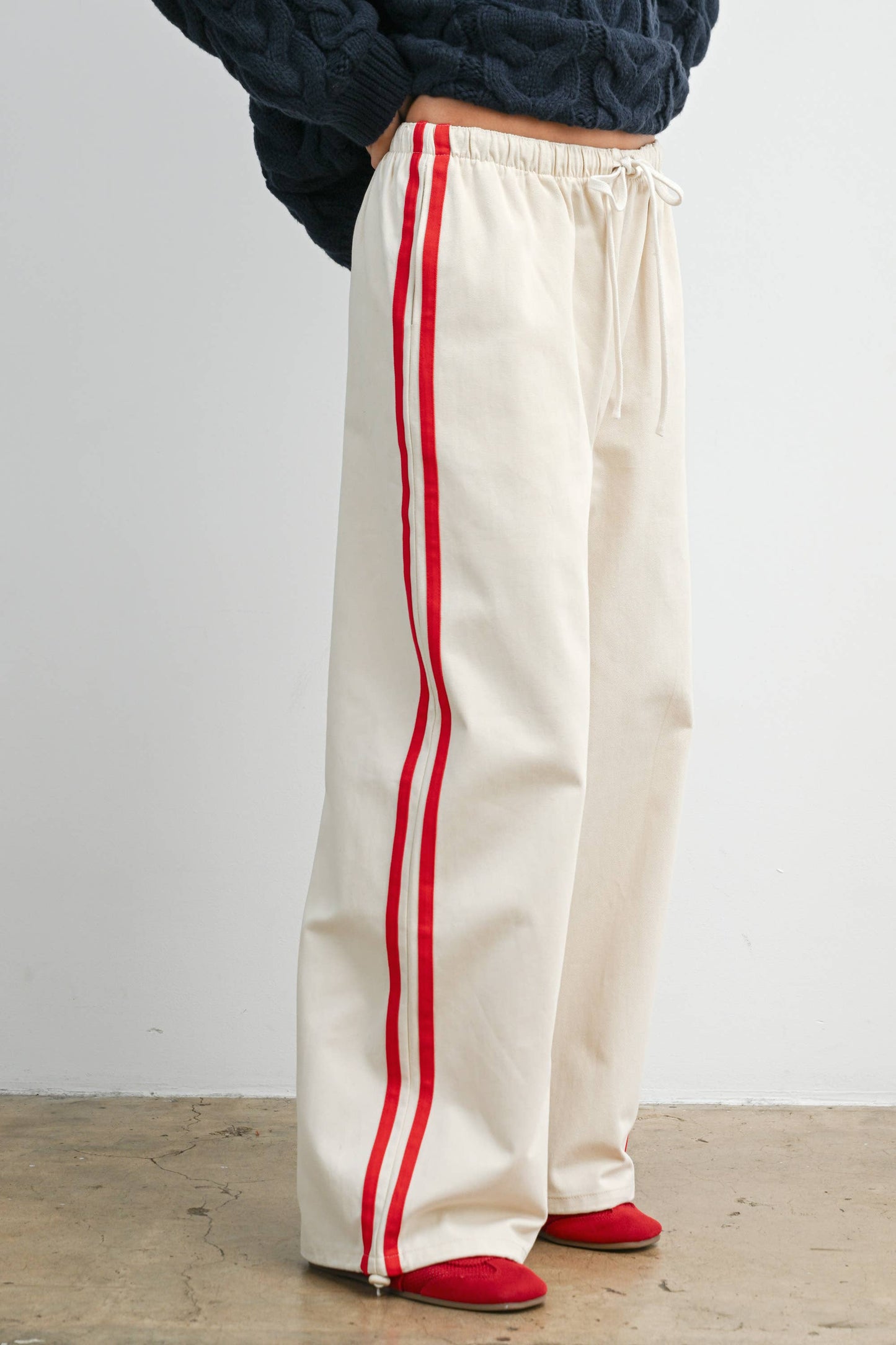 Striped Wide-Leg Drawstring Track Pants: IVORY / RED