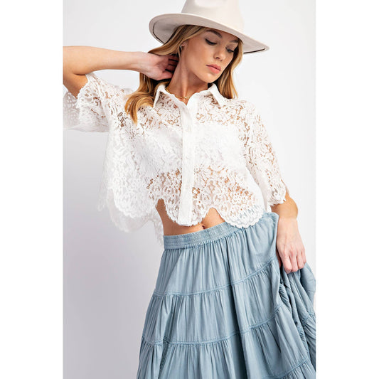 SCALLOP LACE CROP SHIRT WITH SHORT SLEEVE