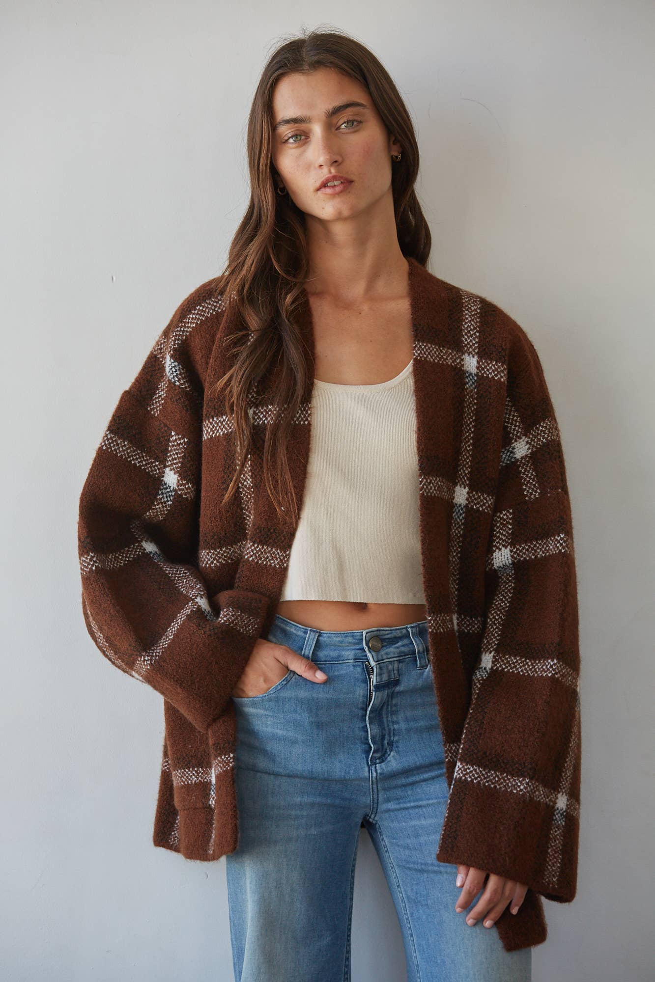Knit Sweater Open Front Long Sleeve Cardigan Top: Brown White