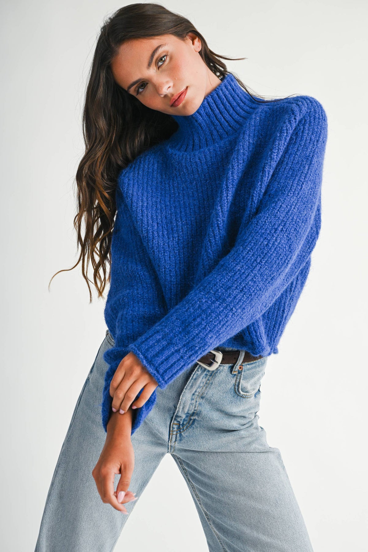 Soft Brushed Mock Neck Sweater: Cobalt