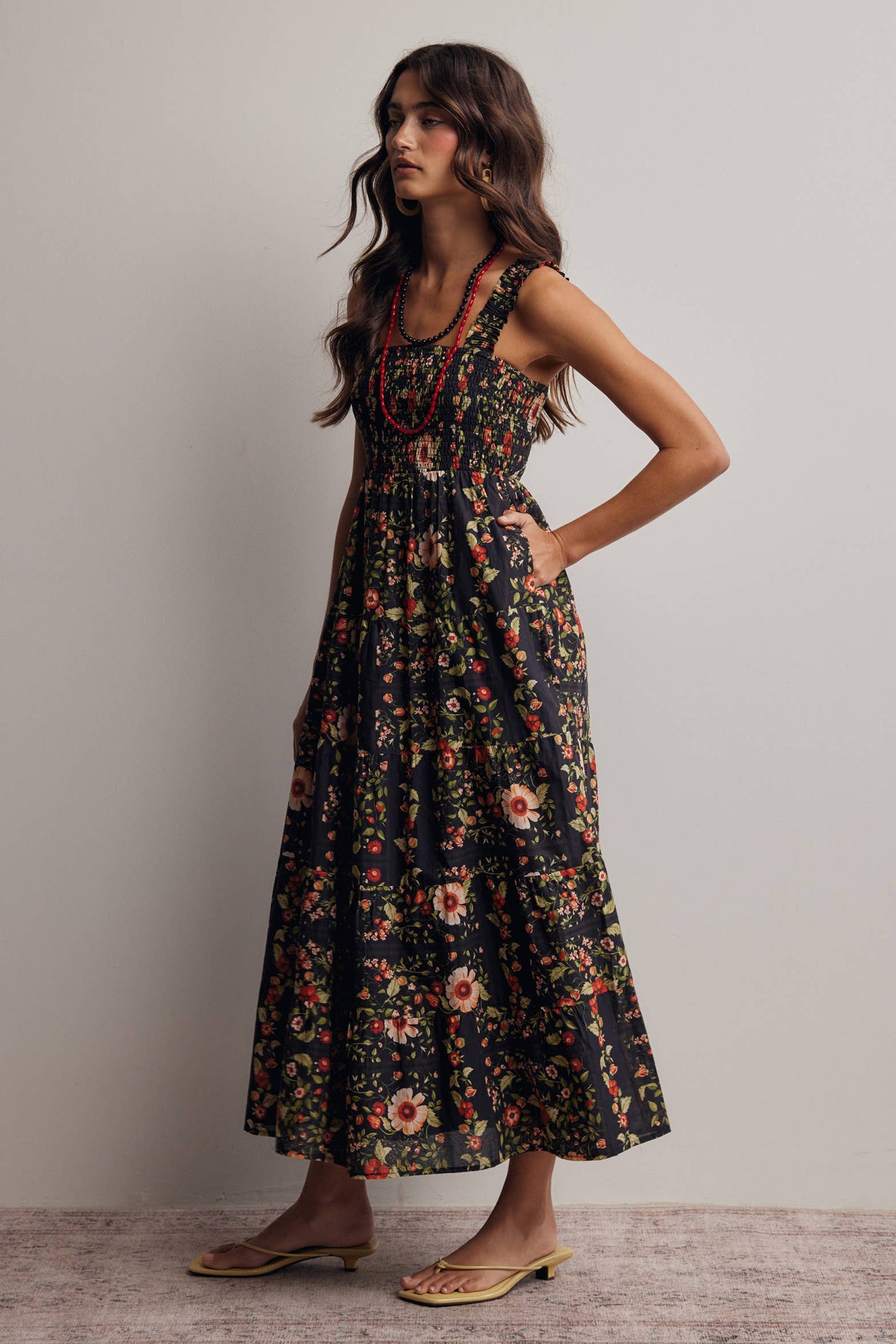 Floral Smocked Tiered Midi Dress: Black